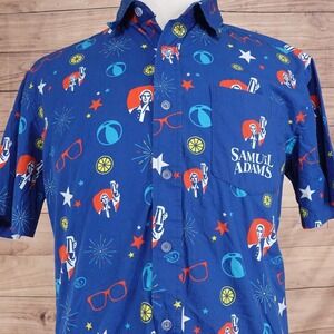Samuel Adams Shirt Mens L Blue Graphic S/S Button-Up Camp Beer Sam Adams